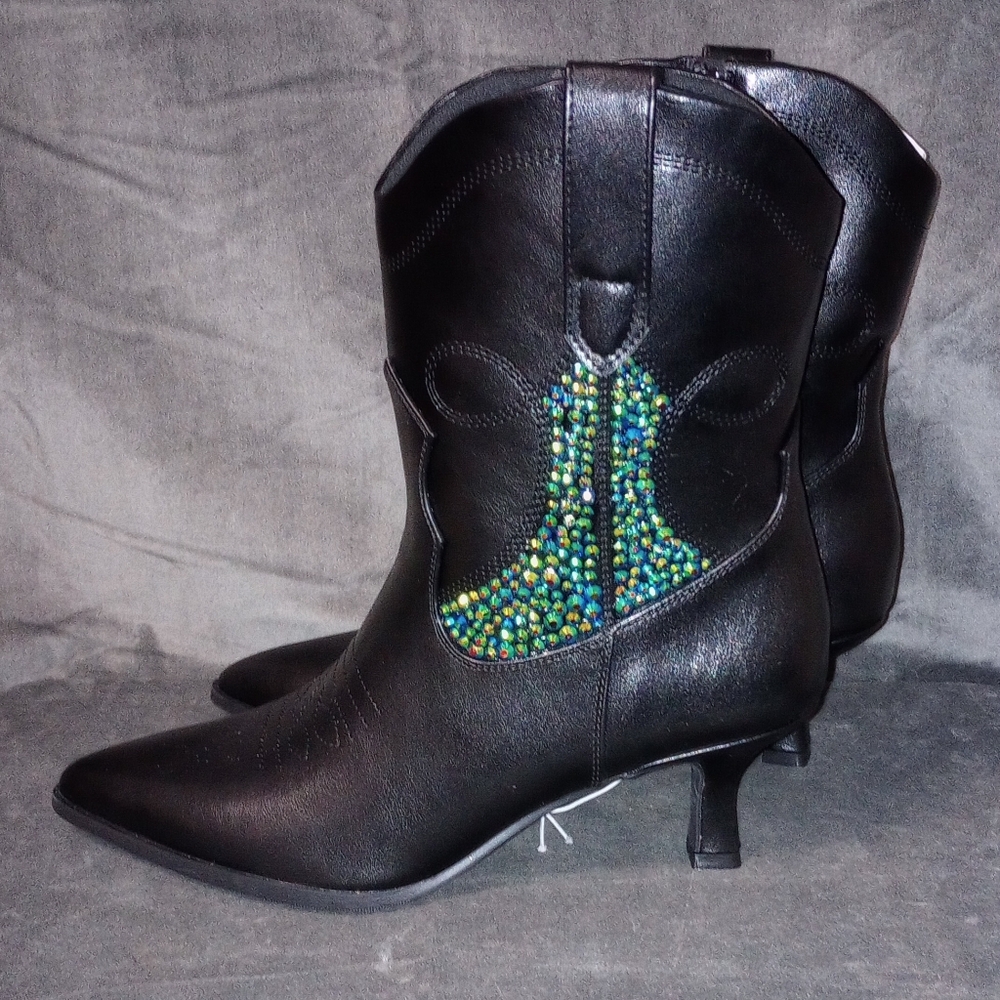 Women's Black Leather Mid-Calf Boots with Green Bead Accent